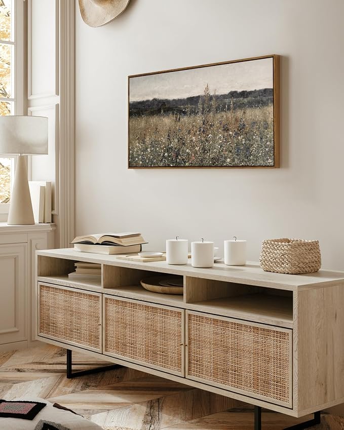 InSimSea Extra Large Framed Vintage Wall Art, Flower Meadow Prints,20x40In | Living Room Country Farmhouse Decor, Canvas Landscape Paintings, Retro Long Pictures for Bedroom Above of Bed