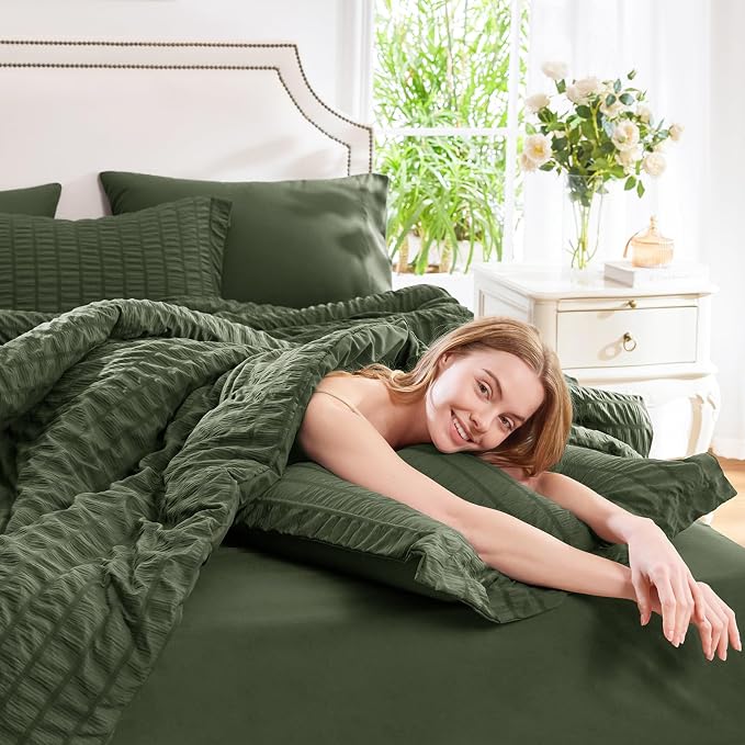 California King Comforter Set, Olive Green Seersucker Bed in a Bag | OEKO-TEX Certified, 7 Pieces Bedding Sets with 240 GSM Down Alternative Comforter, Flat & Fitted Sheets, Pillowcases & Shams