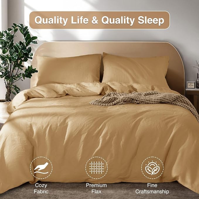 SONORO KATE 100% French Linen Queen Duvet Cover Set,Zipper Closure,3PC | Natural French Flax,Soft Breathable for Hot Sleepers,Moisture Wicking & Durable,4 Corner Ties,Rust