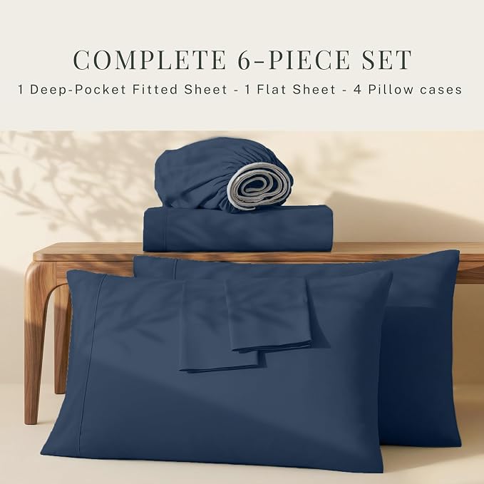 Hearth & Harbor Bed Linen Set - King Size, 6 Piece, Navy Blue, Microfiber, Extra Deep Pocket, 18-24 Inches Mattress Depth
