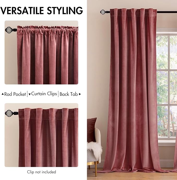 MIULEE Velvet Curtains 52x108 inches 2 Panels Dusty Rose Pink Curtains | Luxury, Bedroom Living Room, Thermal Insulated, Super Soft Window Drapes, Rod Pocket & Back Tab