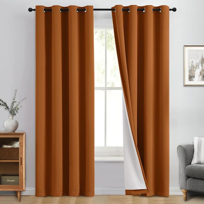 Yakamok Burnt Orange 100% Blackout Curtains 84 Inches Long 50" Wide 2 PCS | Blackout Curtain Panels for Bedroom, 2 Thick Layers Grommet Top Thermal Insulated Drapes with White Back for Living Room