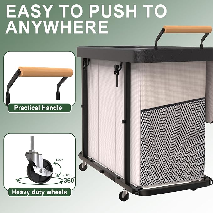 Laundry Hamper 3 Section,230L Rolling Dirty Clothes Hamper White | Laundry Basket with Wheels & Lid,Laundry Organizer Storage Cart with Metal Frame and Wooden Handle for Laundry Room, Hotel