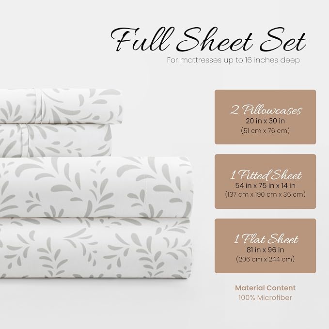 Linen Market Double-Brushed Patterned Microfiber Full Sheet Set 4 Piece – Oeko-TEX Certified Ultra Soft & Wrinkle-Free - 16" Deep Pocket Sheets - Easy Care Full Size - Burst of Vines Light Gray