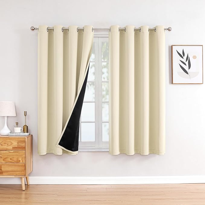 ChrisDowa 100% Blackout Curtains for Bedroom 2 Panels Set with Black Liner | 2 Thick Layers, Thermal Insulated, Light Blocking, Grommet, Window Treatment, Living Room Drapes, Light Beige, 52 x 45 Inch