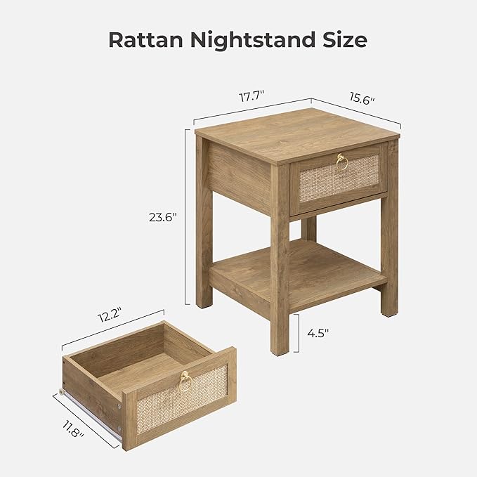 SICOTAS Rattan Nightstand Set of 2 with Storage Shelf, Boho Bedside Tables | Night Stand Set of 2 with Rattan Drawer, Boho End Tables with Storage for Bedroom, Guest Room, Apartment, and Small Spaces