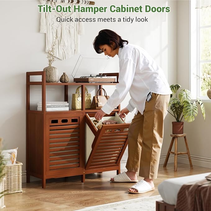 Homykic Tilt Out Laundry Hamper Cabinet, Bamboo Laundry Organizer, Walnut | 20 Gal Laundry Sorter with 2 Removable Liner Bags, Hidden Clothes Hamper with Shelf for Laundry Room, Bathroom, Closet