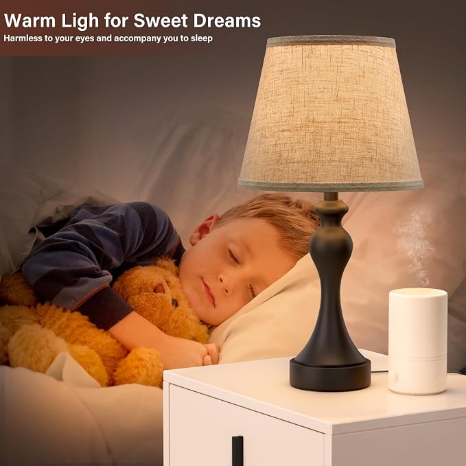 Touch Lamps for Nightstand, 3 Way Dimmable Bedside Lamps with USB C+A Ports | Touch Control, LED Bulb Included, Small Black Table Lamp for Bedroom, Night Stands, End Table, Gift，Corded，Beige Shade