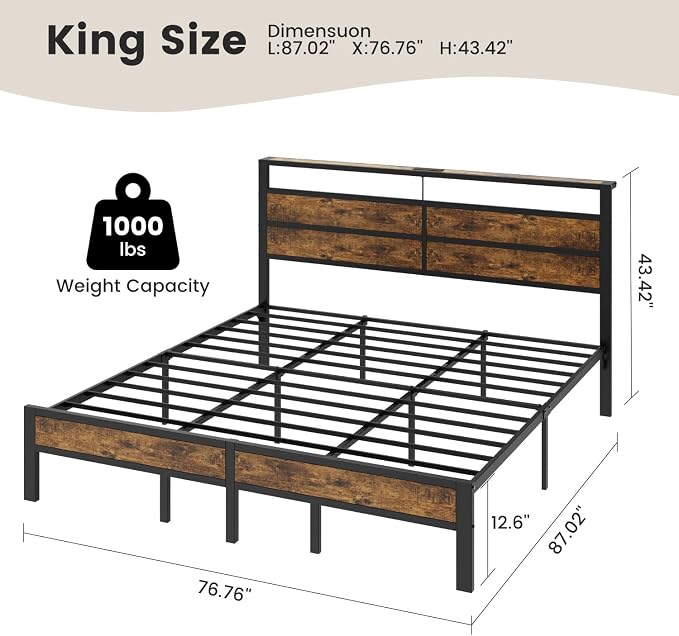 King Size Bed Frame with LED Lights and Charging Station | Brown Metal Platform Bed, Wood Headboard, Sturdy Slats, No Box Spring Needed, Noise Free, Easy Assembly