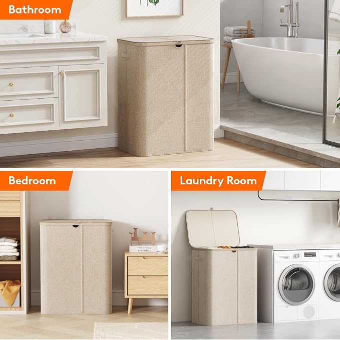 Lifewit 185L 3 Section Laundry Hamper with Lid, Laundry Basket, Beige | Large Foldable Laundry Sorter with 3 Removable Bags, Tall Clothes Hamper for Bedroom and Bathroom