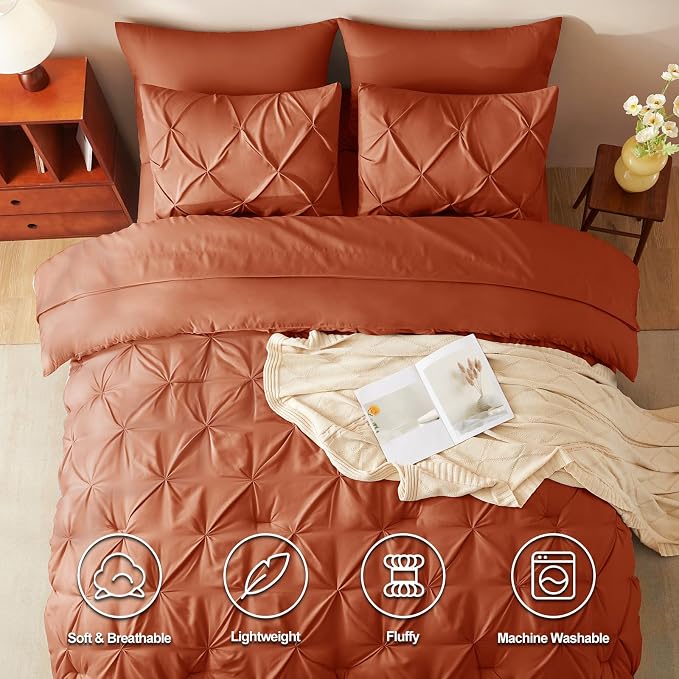 HIMEET King Size Comforter Set Burnt Orange - 7 Pieces Pintuck Bed in a Bag | OEKO-TEX Certified, 240GSM Down Alternative Comforter, 14" Deep Pocket Fitted Sheet + Flat Sheet + 2 Pillowcases + 2 Shams