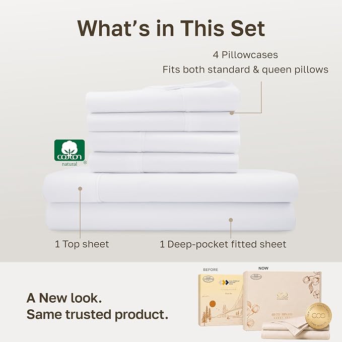 California Design Den 100% Cotton Sateen Queen Bedding Sheets Set, White | 6 Pcs with 4 Pillowcases, 400 Thread Count Backed by Good Housekeeping Seal, 16" Deep Pocket, All-Around Elastic, Durable