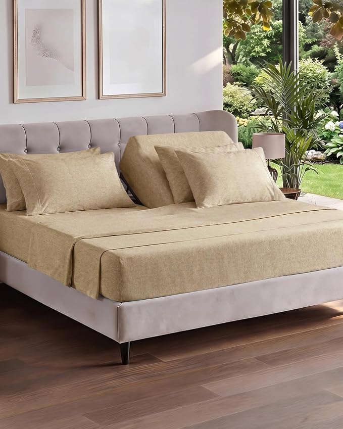 Flex Top Split Head King 6 Piece Sheet Set - Soft & Cooling - Heathered Tan | Ultra Soft Hotel Luxury Bedding Set w/ 8-16 Inch Deep Pockets, 1 Flat & 1 Split-Head Fitted Sheet & 4 Pillowcases, Fade Free