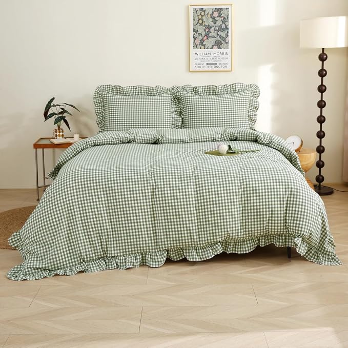 Silnuo Sage Green/White Gingham Plaid Ruffle Duvet Cover Queen Size | 100% Washed Cotton 3 Pcs Vintage Checkered Chic Farmhouse Bedding Set Comforter Cover Set (Queen,Sage Green/White)