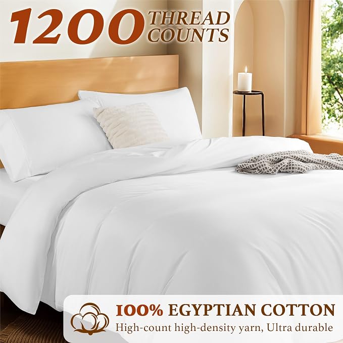 DEITAS 100% Cotton King Duvet Covers 3 Piece,1200 Thread Count，White | Luxury Egyptian Cotton Comforter Cover With Zipper Closure, Ultra Cooling Breathable, Hotel Bedding Duvet Covers