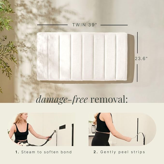 Hearth & Harbor Wall Mounted Twin Headboard Only, Bed Headboard Twin Size | Easy Assemble, Floating Peel & Stick, Upholstered Channel Stitched, 3D Wall Panels, 5 Strips of 3M Tape Included, Off White