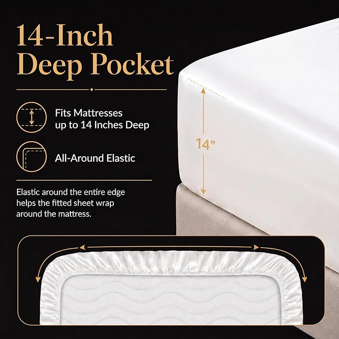 CozyLux Satin Sheets Twin XL, 3-Piece 14-Inch Deep Pocket Sheet Set | OEKO-TEX Certified Silky Soft Sheet Set for Hair & Skin, Luxurious Silky-Smooth Satin for Elegant Bedroom Decor, White