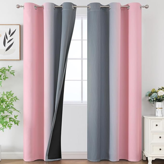 Pink and Grey Ombre Blackout Curtains for Living Room 84 Inch Long 2 Panels | Full Room Darkening Gradient Curtains for Girls Bedroom,Thermal Insulated,Light Blocking Grommet Window Drapes,42Wx84L Inch