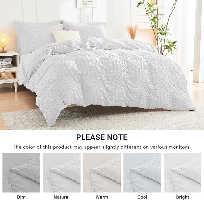HYMOKEGE White Oversized Queen Comforter Set Seersucker 7 Pieces, All Season Luxury Bed in a Bag for Bedroom, Bedding Set with Comforter, Sheets, Pillowcases & Shams