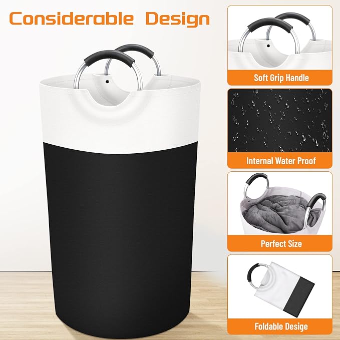 BlissTotes 90L Laundry Basket, Freestanding Collapsible Hamper, Black | Collapsible Dirty Clothes Hamper, Foldable Laundry Bag for Dorm, Waterproof Fabric, Padded Aluminum Handles