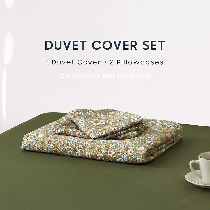 Wake In Cloud - Floral Duvet Cover Set, Cute Vintage Flower Cottagecore Aesthetic for Women Teen Girls, Soft Lightweight Bedding, 3-Piece, Olive Green, Twin/Twin XL Size