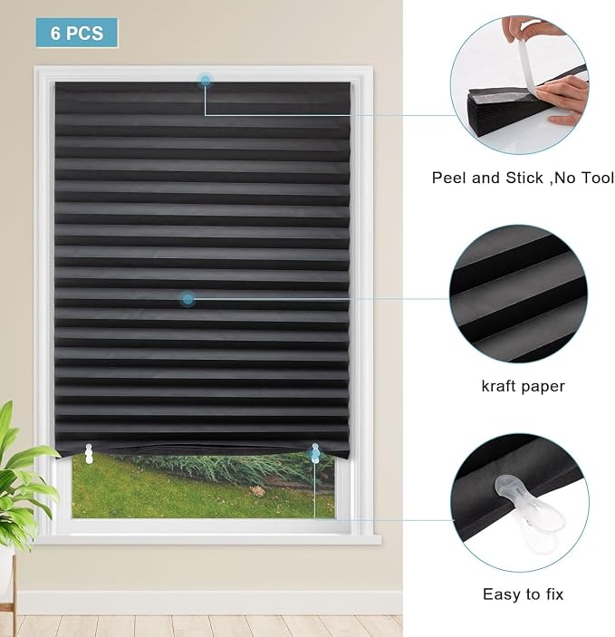 MYshade 12 Pack Temporary Blackout Paper Shades for Windows,Paper Pleated Blinds with Adhesive,No Tools No Drilling Free Cut Size Temporary Room Darkening Shades(Black, 48" W x 72" H)