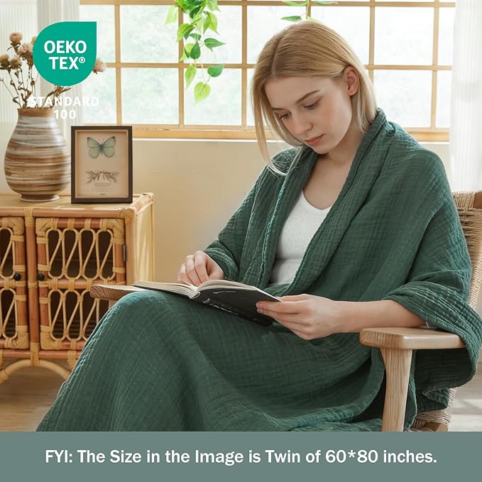EMME Muslin Blankets for Adults Throw Blanket for Couch Breathable Gauze Soft Lightweight Airy Forest Green Twin 60" x 80"