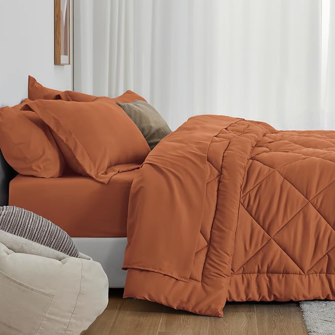 Love's cabin King Size Comforter Set Terracotta, 7 Pieces King Bed in a Bag, All Season Bedding Sets with 1 Comforter, 1 Flat Sheet, 1 Fitted Sheet, 2 Pillowcase and 2 Pillow Sham