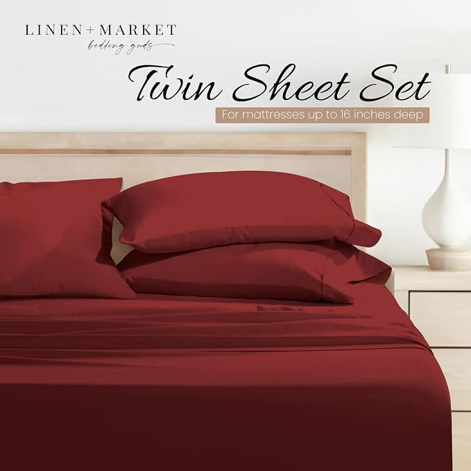 Linen Market Brushed Microfiber Twin Sheet Set 3 Piece – Oeko-TEX Certified Ultra Soft & Wrinkle-Free - 16" Deep Pocket Sheets - Easy Care Twin Size - Burgundy