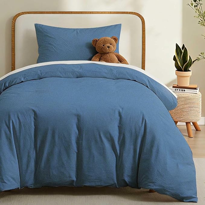 LOVQUE 100% Washed Cotton Duvet Cover, Denim Blue, Twin Size, 68x90 Inches | Breathable, Linen-like, Natural Bedding Set with Zipper Closure, Corner Ties, 1 Cover + 1 Pillowcase, No Comforter