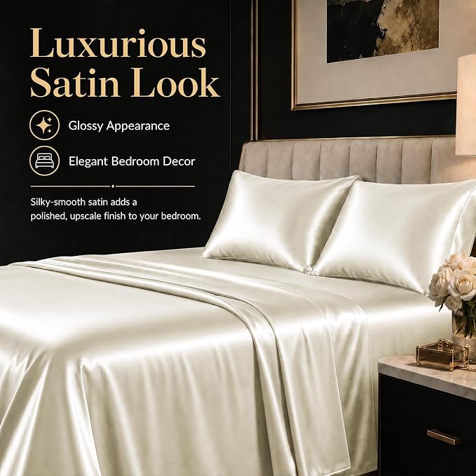 CozyLux Satin Sheets Queen, 4-Piece 14-Inch Deep Pocket Sheet Set | OEKO-TEX Certified Silky Soft Sheet Set for Hair & Skin, Luxurious Silky-Smooth Satin for Elegant Bedroom Decor, Beige
