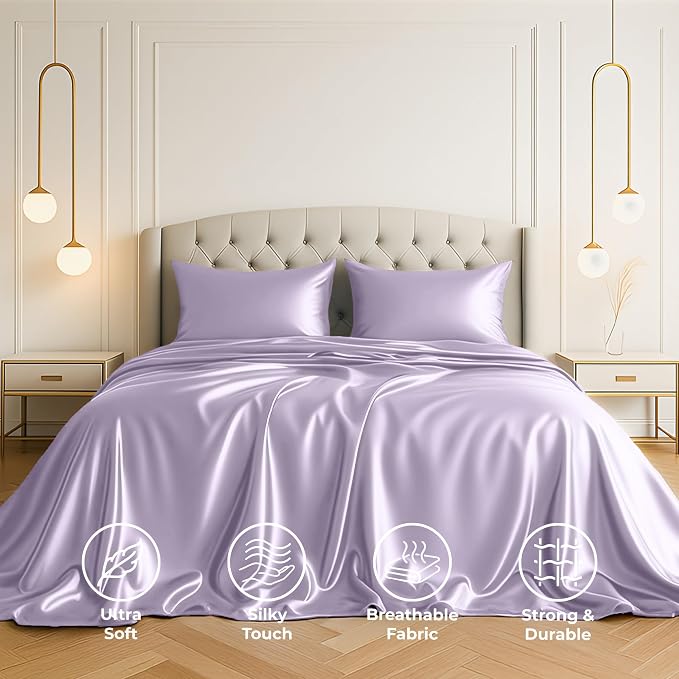 Satin Sheets Full [4-Piece, Lavender] Hotel Luxury Silky Bed Sheets - Extra Soft 1800 Microfiber Sheet Set, Wrinkle, Fade, Stain Resistant - Deep Pocket Fitted Sheet, Flat Sheet, Pillow Cases