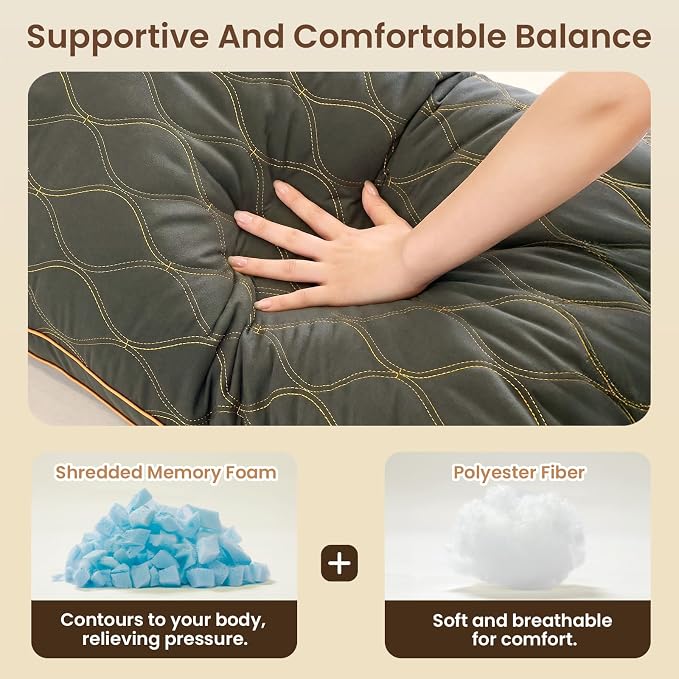 ZonLi Long Body Pillow for Adults, Gold Thread Quilted Gourd Pattern Cover, Soft Durable Adjustable Shredded Memory Foam, Comes with Extra 7 Oz Shredded Foam, Ideal for Side Sleepers, Dark Gray