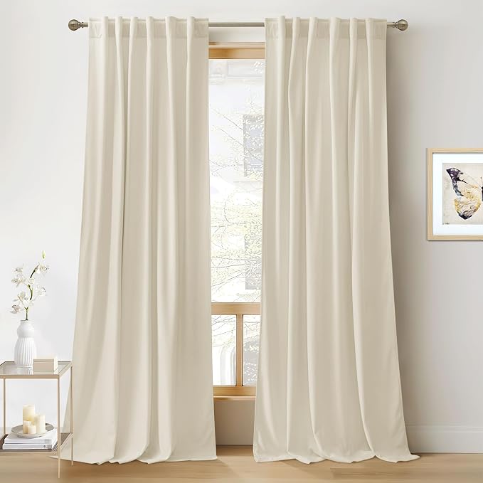 RYB HOME Beige Velvet Curtains 100 inches Long, Long Floor Length Drapes | Room Darkening, Thermal Insulated, Luxurious Home Decor, Curtains for Living Room Bedroom Patio, W52 x L100, 2 Panels Set