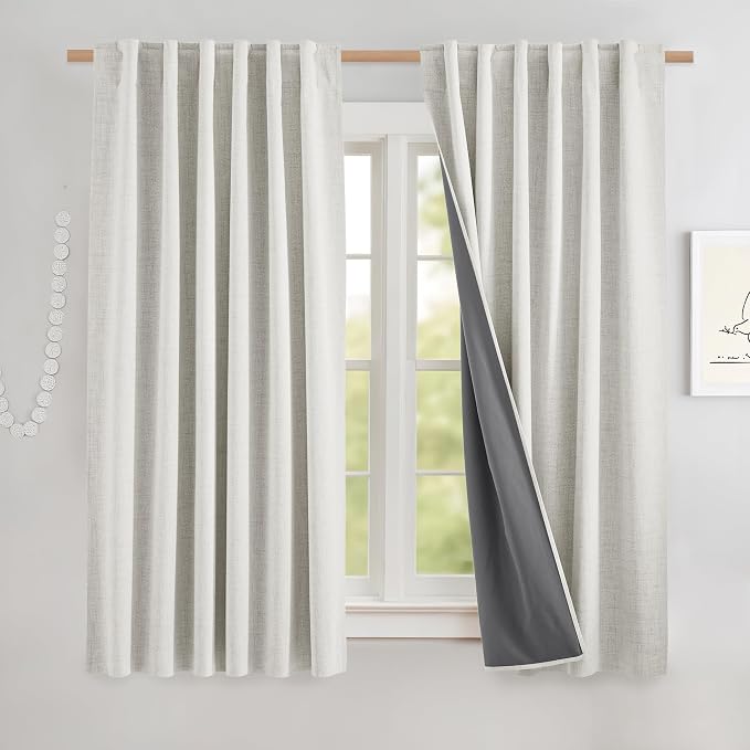 NICETOWN 100% Blackout Cafe Curtains 48 inches Long 2 PCs, Alabaster Gray | Linen Blend, Thermal Insulated, Privacy Window Draperies for Kitchen, Basement, Gaming Room, W52" x L48" per Panel