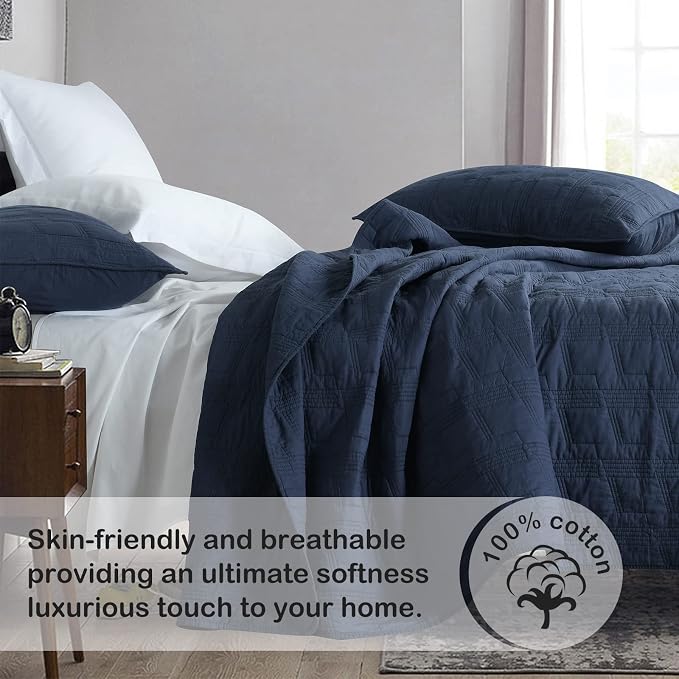 HORIMOTE HOME 100% Cotton Quilt Set King Size, Navy Blue Pre-Washed 3-Piece Bedspread Coverlet Set, Cozy Lightweight Stitching Bedding Cover with 2 Shams in Geometric Pattern for All Season