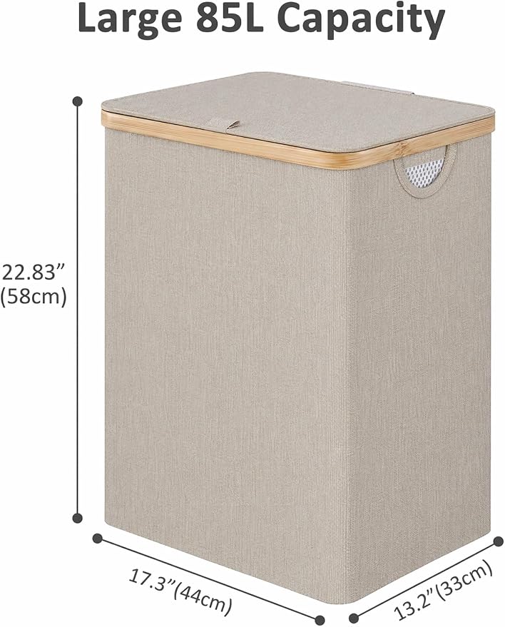 IEGrow Laundry Hamper with Lid,85L Laundry Basket with Mesh Bags,Oatmeal | Dirty Clothes Hamper Basket with Bamboo Handle for Clothes Towels