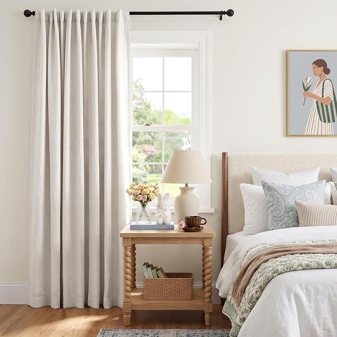 INOVADAY Extra Wide 100% Blackout Linen Curtains for Bedroom 102x108 Beige | Linen Textured, Light Blocking, Room Darkening, Thermal Insulated, Back Tab Top, Window Curtains for Sliding Door, 1 Panel
