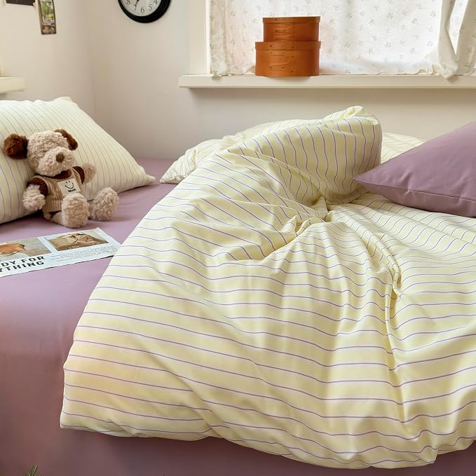mixinni Pastel Yellow Lavender Striped Duvet Cover Set Twin, Soft Premium Washed Microfiber Aesthetic Stripes Comforter Cover with Hidden Zipper & Corner Ties, 3 Piece Sweet Teen Bedding for Girls