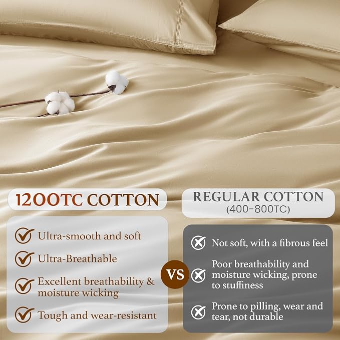 DEITAS 100% Cotton Queen Duvet Covers 3 Piece,1200 Thread Count，Beige | Luxury Egyptian Cotton Comforter Cover With Zipper Closure, Ultra Cooling Breathable, Hotel Bedding Duvet Covers