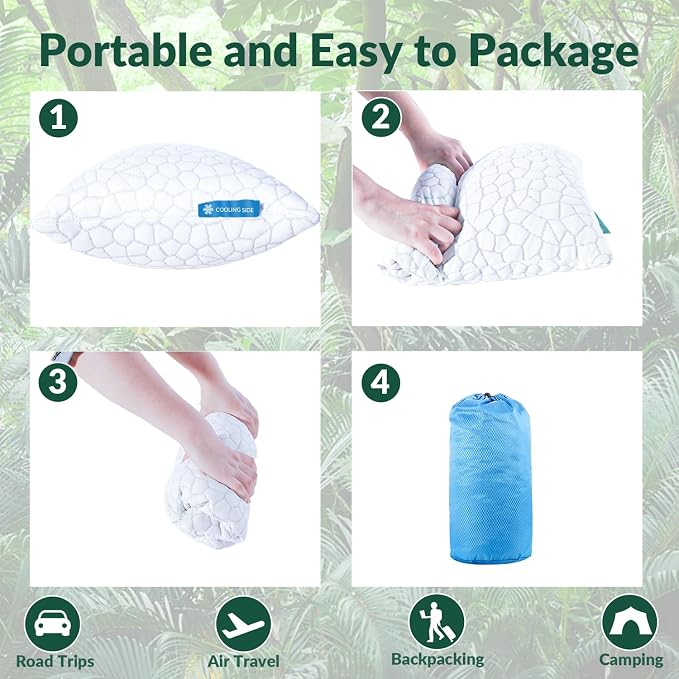 QUTOOL Cooling Pillow for Sleeping, CertiPUR-US Shredded Memory Foam Camping Pillow Set of 1, Backpacking for Hiking Gear, Portable Pillow with Travel Storage Bag, Soft Yet Support,White