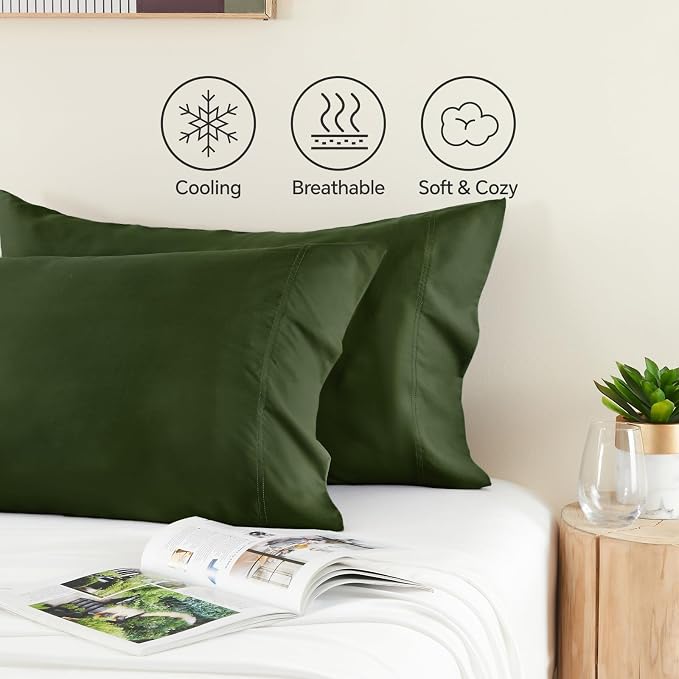 BEDELITE Pillow Cases Standard Size 2Pcs, Rayon from Bamboo, Olive Green | Cooling and Breathable Pillow Cover for Hot Sleepers & Night Sweats, Silky Soft Cozy, Envelope Closure, 20"x26"