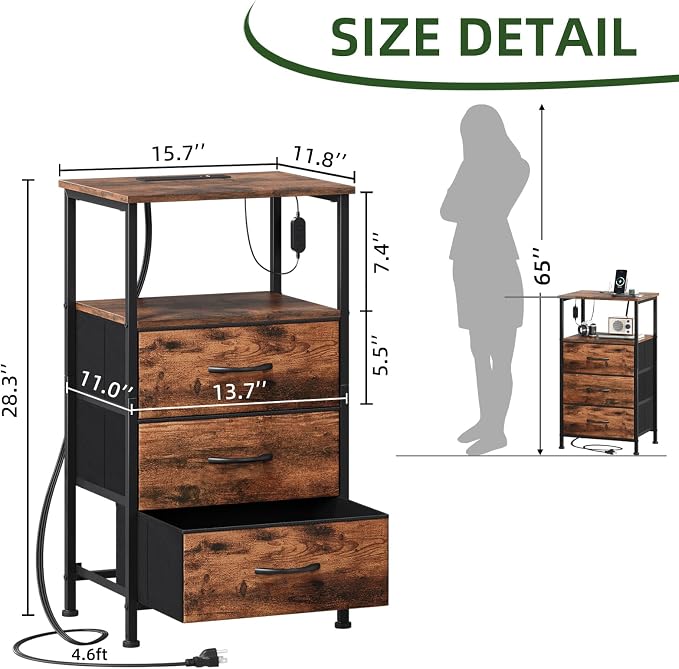 Somdot Nightstands Set of 2 with 3 Drawers, Charging Station & LED Light | Open-Shelf End Tables for Bedside, Small Spaces, Bedroom, Entryway and Hallway, Brown