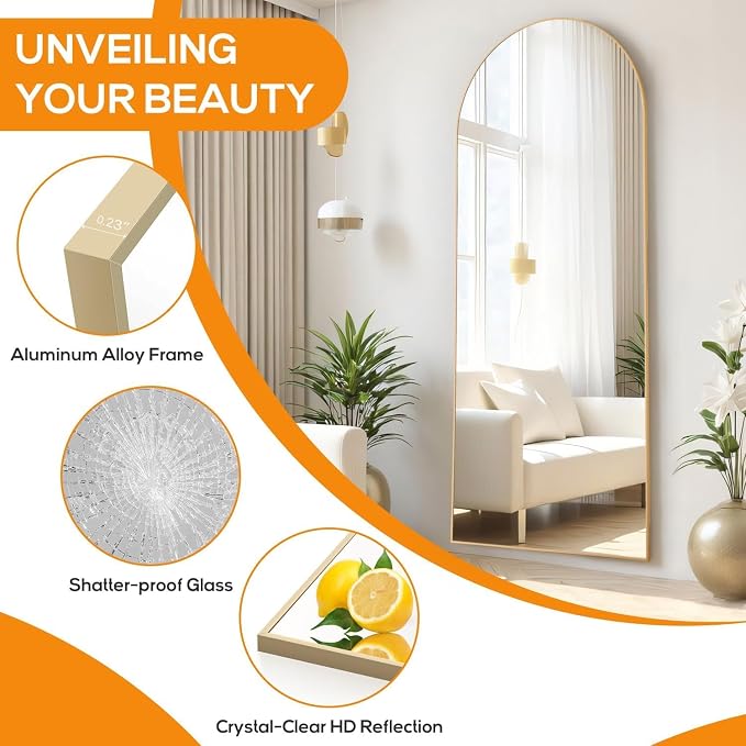 21"x64" Arched Mirror Full Length, Upgraded Body Wall Mirrors | Shatter-Proof Glass, Floor Standing, Hanging or Leaning, Tall Mirror with Stand Aluminum Alloy Frame for Bedroom, Gold