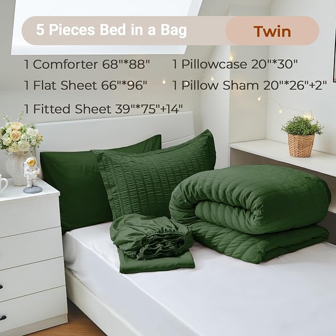 5 Pieces Twin Comforter Set, Seersucker Bed in a Bag Twin Size, All Season Luxury Bedding Set with Comforter, Flat Sheet, Fitted Sheet, Pillowcase & Sham, Dark Green