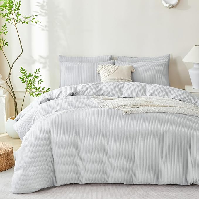 Light Grey Comforter Set King Soft Luxury Washed Microfiber Jacquard 3 Pieces Bedding Set, Grey Vertical Ticking Stripes Pattern Comforter with 2 Pillowcases Breathable Durable Comfy