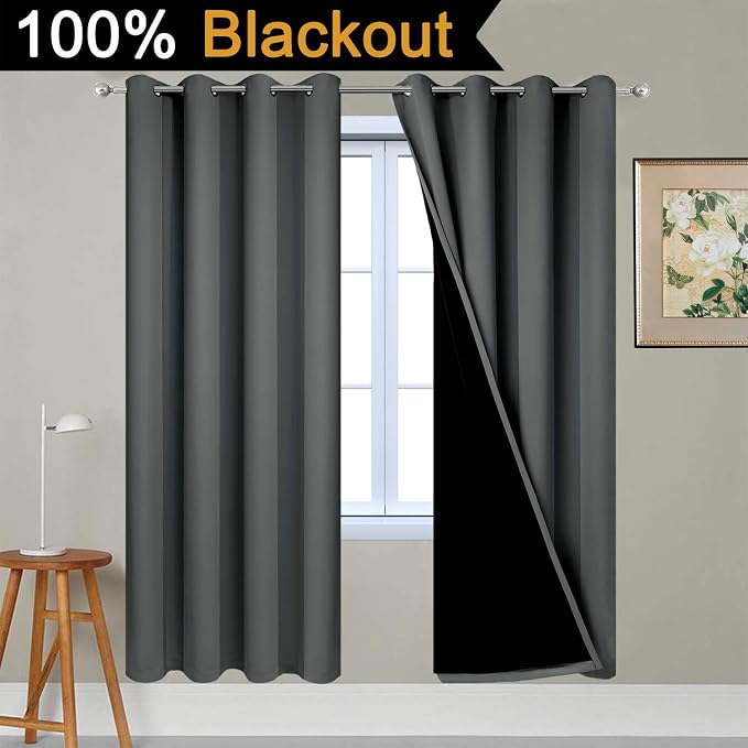 Yakamok Dark Grey 100% Blackout Curtains 72 Inches Long 52" Wide 2 Panels | Blackout Curtain Panels for Bedroom, 2 Thick Layers Grommet Top Thermal Insulated Drapes with Black Liner for Living Room