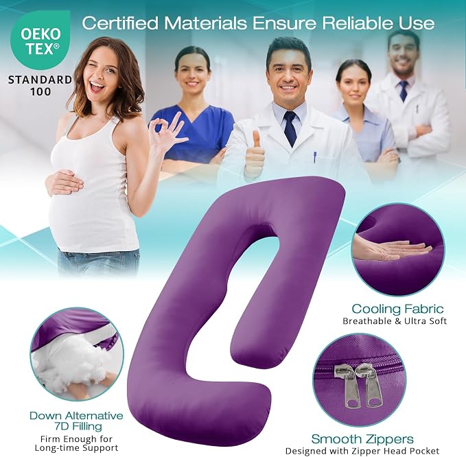 Cooling Pregnancy Pillows for Sleeping, 65'' Full Body Pillow, Purple | Sasttie Maternity Pillow, OEKO-TEX, Down Alternative, Removable Cover, Pregnant Women Must Haves, Maternity Essential