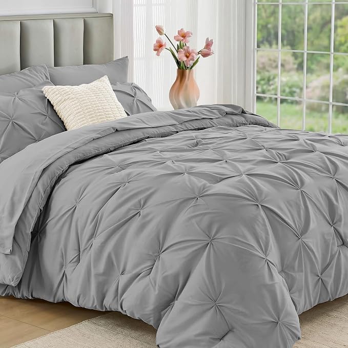 JOLLYVOGUE Twin XL Comforter Set 5 Pieces - Bed in a Bag Twin XL for All Season, Pintuck Bedding Comforter Sets with Comforter, Flat Sheet, Fitted Sheet and Pillowcases & Shams, Light Grey
