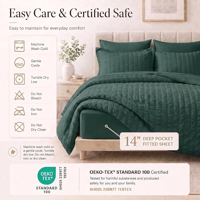 Queen Comforter Set, 7 Pieces Forest Green Seersucker Bed in a Bag | OEKO-TEX Certified, All Season Bedding Set with 240 GSM Down Alternative Comforter, Flat & Fitted Sheets, Pillowcases & Shams